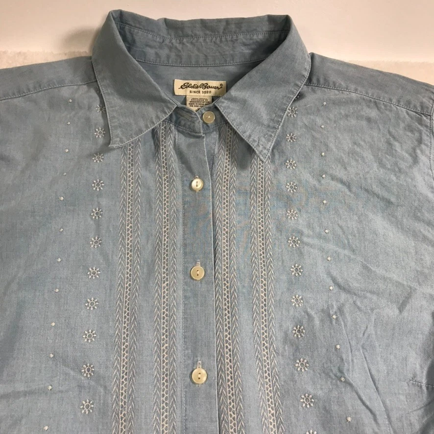 Vintage Eddie Bauer Denim Chambray Shirt Dress Women's XL Blue Button Up 90s - Image 3 of 4