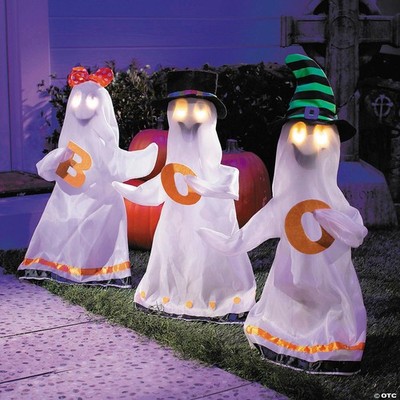 HALLOWEEN 2025 PROP (3) TALKING & LIGHTED GHOST HOLDING BOO LETTERS YARD STAKES