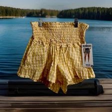 REWASH 🛍️Smocked Beach Jr/Womens Shorts M Yellow-White Gingham 2-Pocket Design