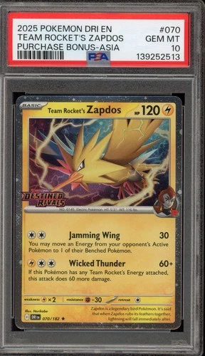 Pokemon Team Rocket's Zapdos Destined Rivals Purch. Bonus Asia Promo #070 PSA 10