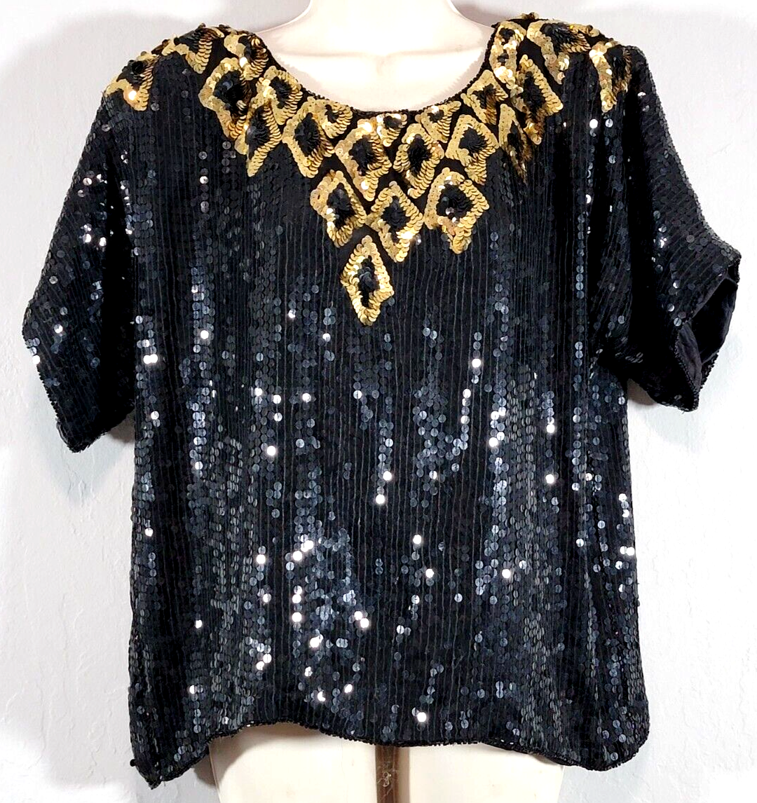 Women XL Black Gold Sequin Pure Silk Short Sleeve Top Designer