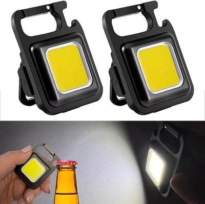 2er Pack Mini COB LED Schlüsselanhänger Taschenlampe 3 Modi Magnet Taschenlampe mit Halterung Öffner