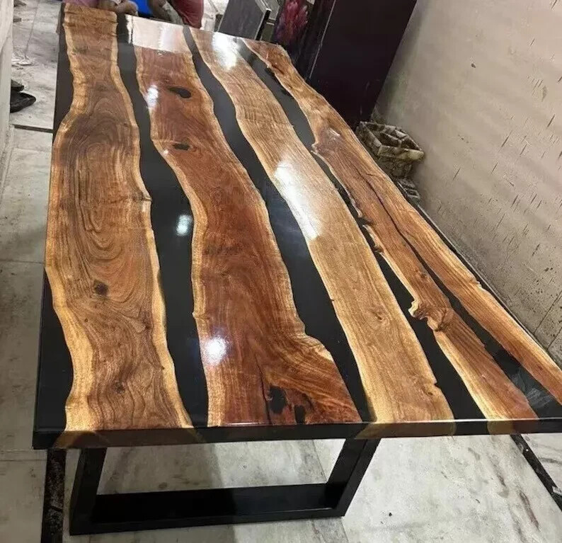 Black Epoxy Wood Resin River Coffee Table for Office or Meeting Room  