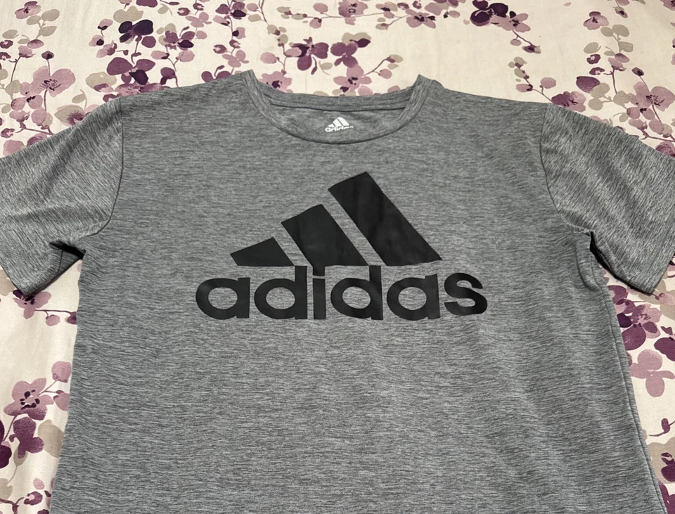 adidas climalite t-shirt Boy L (14-16) gray+black logo/short sleeves/poly knit - Image 2 of 4