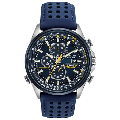 #ad Citizen Mens World Chronograph Eco Drive Blue Leather Watch 43 MM AT8020 03L $304.99