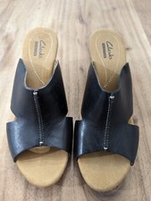 Clarks Helio Island Black Leather Cork Wedge Sandals Sz 8M  Comfort 3” Heel