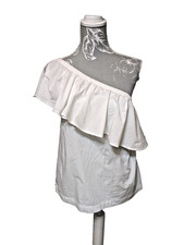 White Frilly Top One Shoulder Size M UK 12 Cotton Blend Summer Holiday Beach