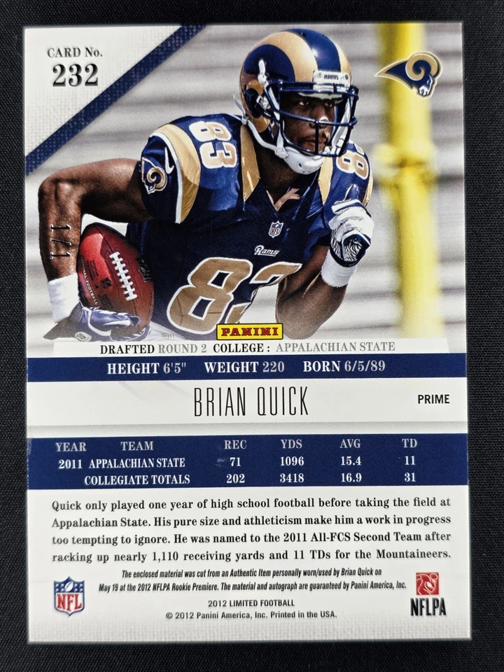 Brian Quick 2012 Limited Platinum Spotlight 1/1 RPA ROOKIE PATCH AUTO RAMS - Image 2 of 2