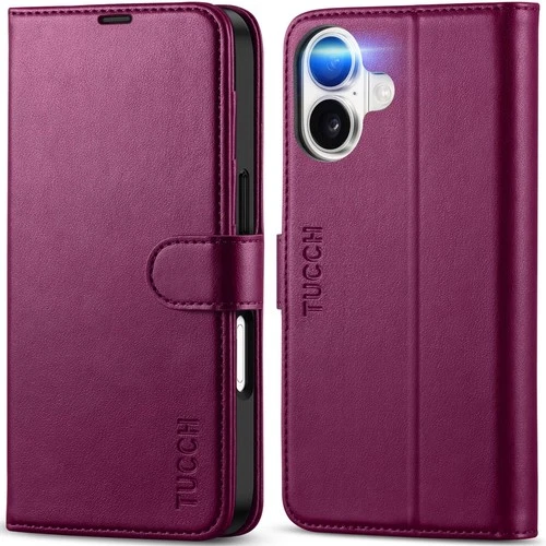 TUCCH Wallet Case iPhone 17 Magnetic PU Leather RFID Blocking – Plum Purple