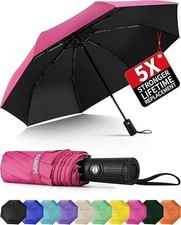 Seniny Windproof Travel Umbrella, Automatic Umbrellas for Rain, Auto-Pink