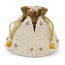 Pearl Beaded Drawstring Evening Bag Gold Tassel Bridal Clutch Purse