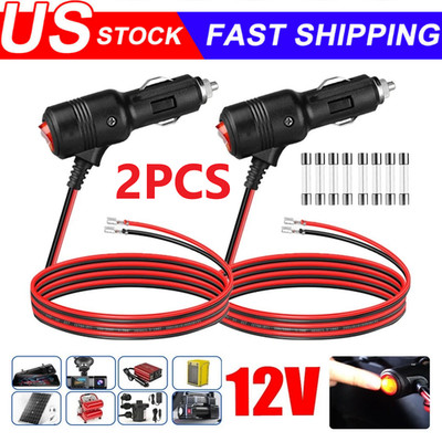 2pcs 12-24V Fused LED Car Cigarette Lighter Plug Socket Cable Adapter w/ Switch