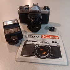 Pentax Asahi  K1000 35mm Film Camera w/ Pentax 50mm Lens & Flash   UNTESTED  