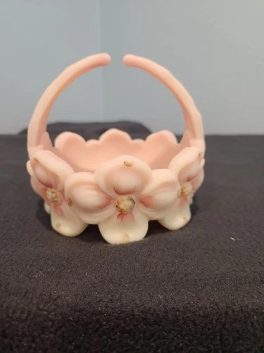 FENTON 2007 MINI BURMESE GLASS BASKET VASE w FLORAL DESIGN