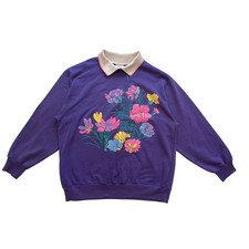 VINTAGE Huntington Ridge Purple Floral Graphic Collared Sweatshirt Women's Large