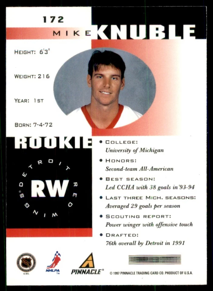 1997-98 Pinnacle Inside Mike Knuble RC Detroit Red Wings #172 - Image 2 of 2