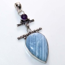 Long Owhyee Blue Opal Natural Amethyst 925 Silver Plated Pendant 2.5