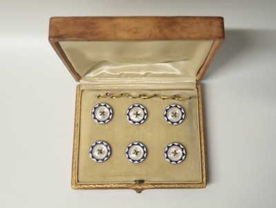 Alte 6 Silberknöpfe Perlmutt Emaille Original Schatulle Leder Gold Varichon à Pau