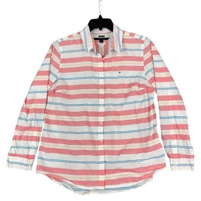 Tommy Hilfiger Shirt Size L Striped Button Front Relaxed Fit Classic Preppy Chic