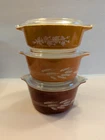 VTG Pyrex Autumn Harvest & Butterfly Gold Set Of 3 Casserole Lids 471B 472B 473B