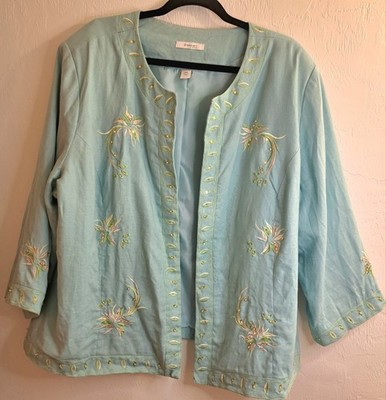 dressbarn Vtg Light Blue/Grn Embroidered Beaded Linen Jacket  24W Grannycore