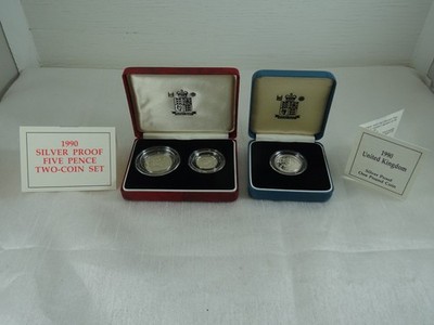 Royal Mint 1990 Sterling Silver Proof One Pound Coin & Five Pence Coin Set 3 pcs