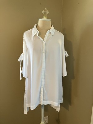 Peck & Peck Women s Sheer White Blouse Size L Drop Back Flutter Sleeve