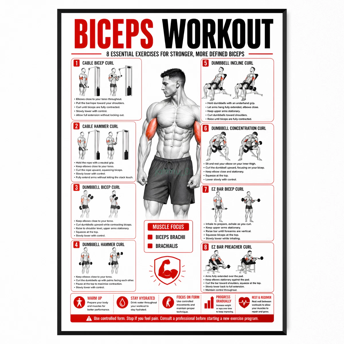 Bicep WORKOUT POSTER Gym Exercise Training Wall Chart Workout Poster A5-A1 AU