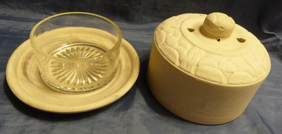 Antique WHITE TERRACOTTA WATER BUTTER DISH, COMPLETE and FUNCTIONAL.