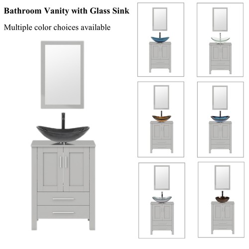 24" Bathroom Vanity Single Cabinet with Vessel Sink Mirror Combo Faucet Drain