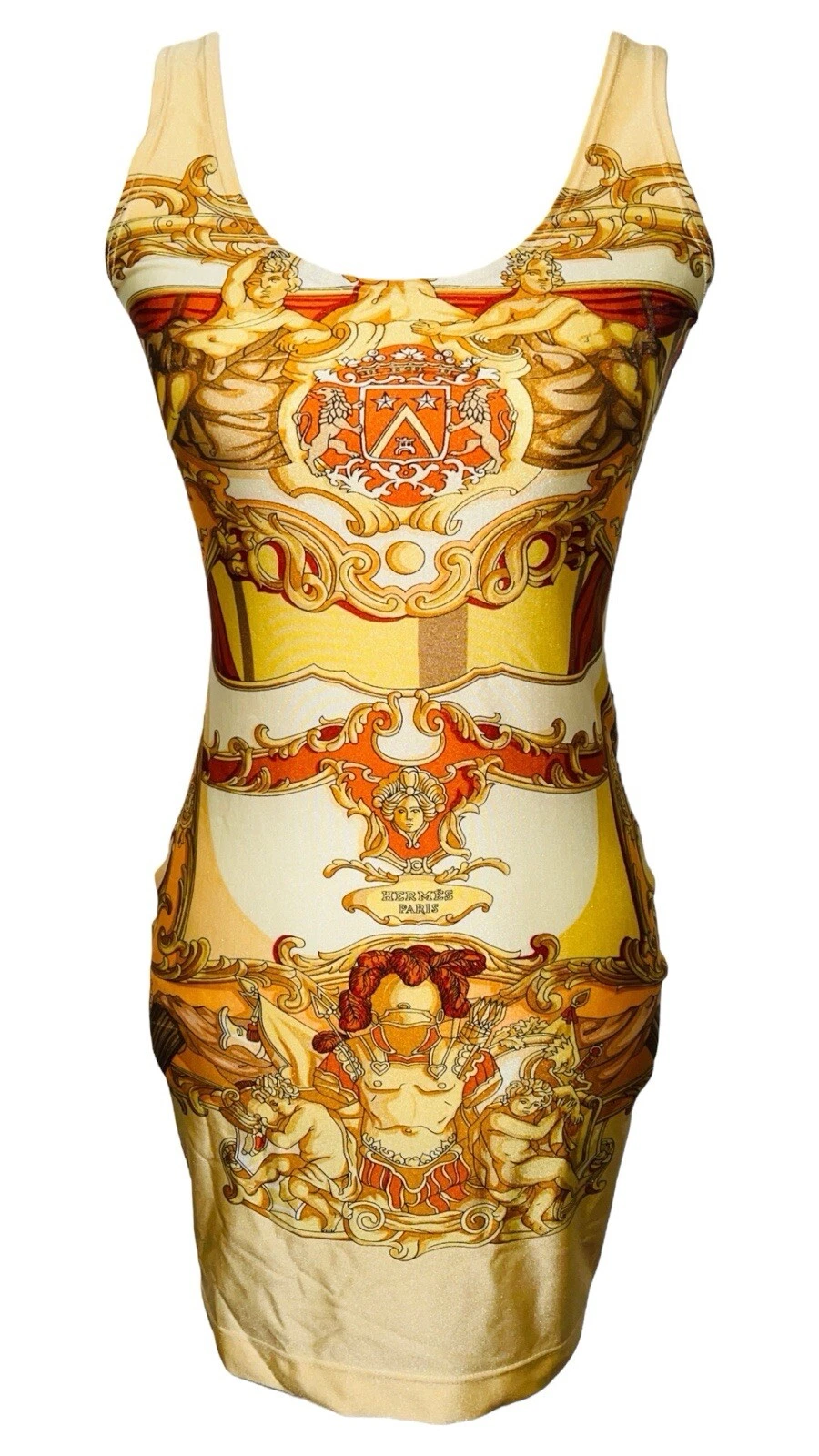 HERMÈS Mini abito HERMES Parigi Vintage Lycra Oro Barocco Primi anni '90 FR 40