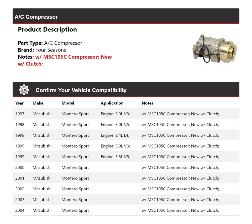 Compresor de aire acondicionado deportivo para Mitsubishi Montero 1997-2004 4 estaciones 1998 1999 2000 Foto 2 de 4