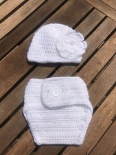 Baby Hat With Flower  Diaper Cover Set 3-6 Mo. New Handmade White Crocheted