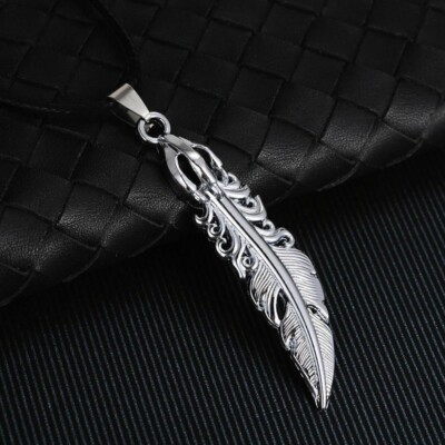 2'' large 3D FEATHER pendant 24'' 925 Sterling Silver plated Necklace men women 