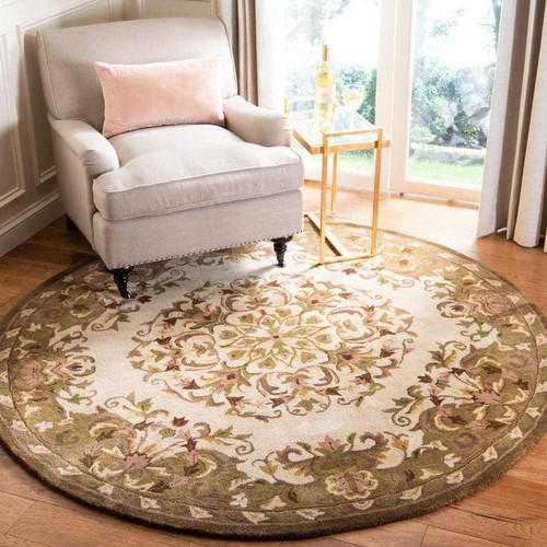 SAFAVIEH Area Rug 5'X7' Modern Imported Wool Tufted Border Floral Oval Beige - Picture 2 of 8