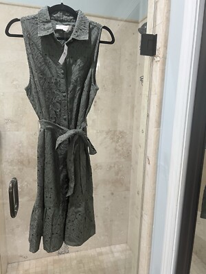 Loft Ann Eyelet Tiered Dress Size Large Tall Belted Peplum Green Lt New Nwt 