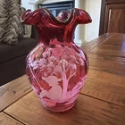 Fenton Mary Gregory Vtg Cranberry 5.5" HP & Signed Vase Gone Fishing #430/2500