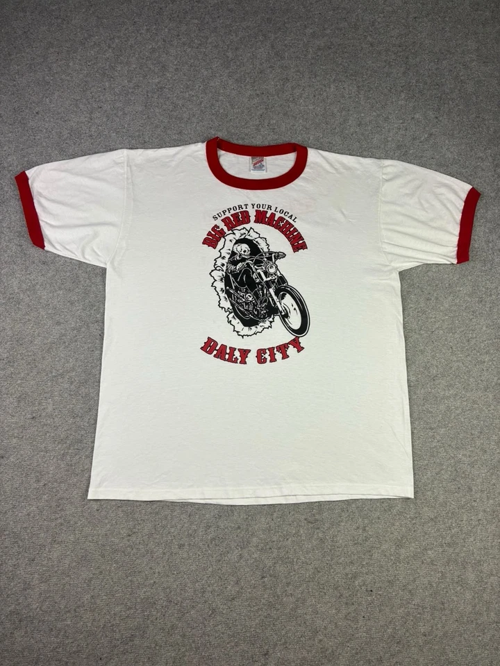 Jerzees T-shirt homme ringer XL blanc/rouge manches courtes moto crâne graphique - Photo 1/4