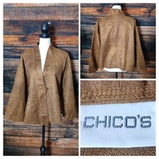 Chicos Jacket Size M/L Faux Suede Leopard Print Top Brown Knot Button Front