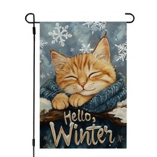 Hello Winter Garden Flag Cat 12x18 Inch Double Sided Blue Decoration for Outs...