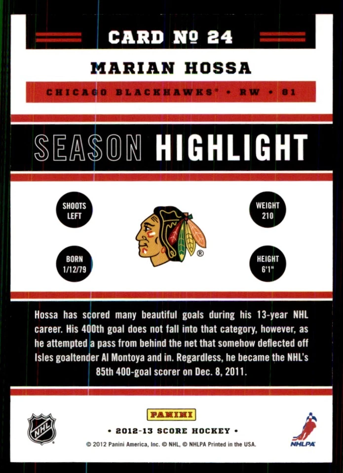 2012-13 Score Marian Hossa Chicago Blackhawks #24 - Image 2 of 2