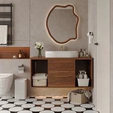 Modern Wall-Mounted Bathroom Vanity w/Ceramic Sink,Floating Wood Storage Cabinet