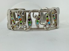 Beautiful Silvertone Multicolor Rhinestone Cuff Bracelet with Scroll Designs