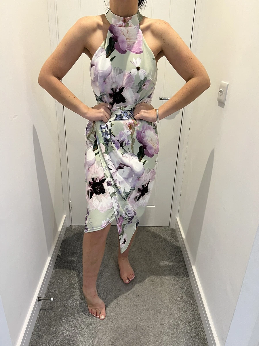 LIPSY SIZE 16 GREEN FLORAL PRINT ASYMETRIC HEM BODYCON HALTERNECK DRESS WITH TAG