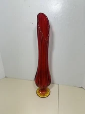 Vintage L E Smith Vase MCM Red & Orange 18.5 Ribbed B90