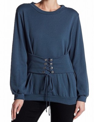 New Lush Nordstrom Women's Sweater Size Small Corset Solid Blue Pullover Sweater