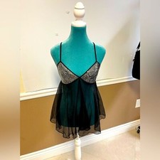 Vintage Escante Black Sheer Babydoll Lingerie with Silver Sequin Cups - Size S