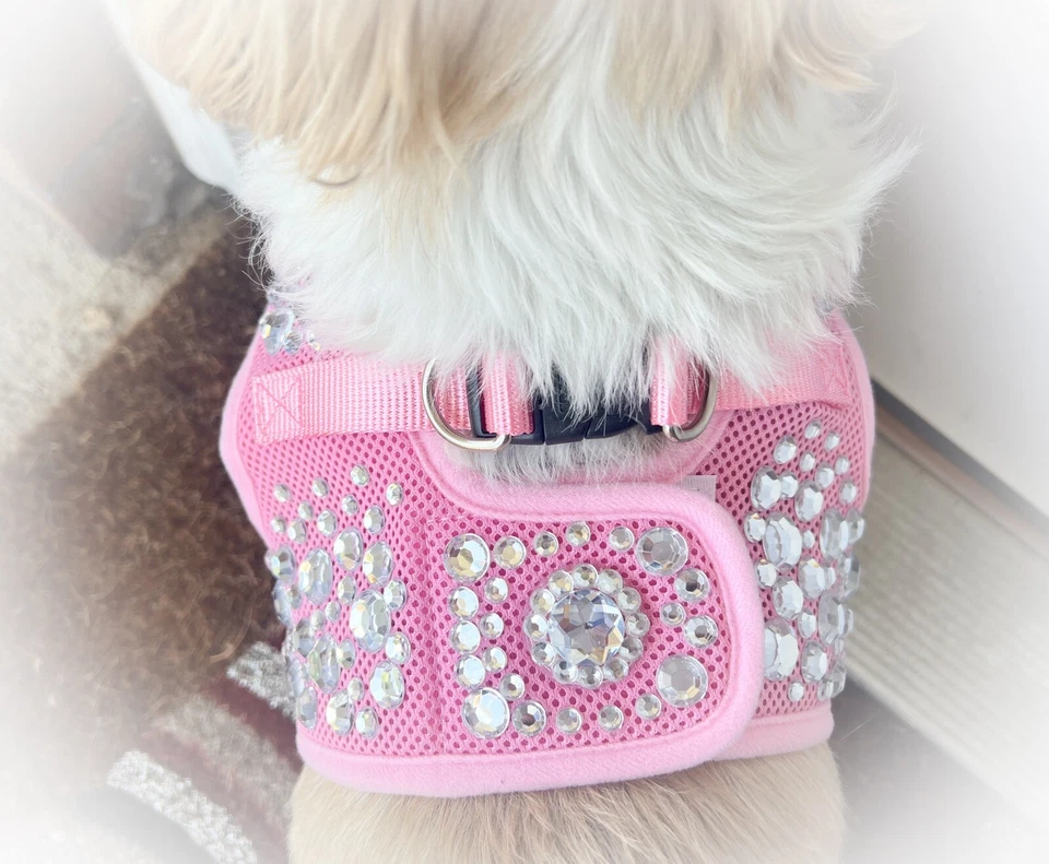 Arnés Step-in rosa polvo, arnés para perros sin tirar, arnés para perros pequeños, estrás Foto 3 de 4