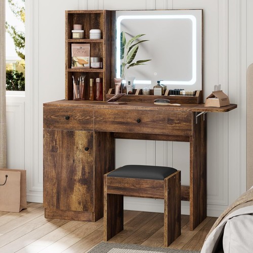 Makeup Vanity Desk w/ Mirror & Lights Vanity Desk Set w/ Drawers & Open Shelf