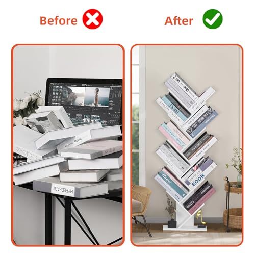 Tree Book Shelf, Floor Standing Wood Bookshelf for Narrow 10 Tier Elegant White - Picture 7 of 7